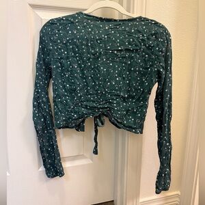 Brandy Melville Dark Green Floral Long Sleeve Tie Top